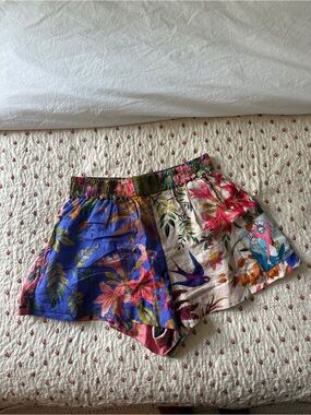 Zimmermann Floral Patchwork Elastic-Waist Shorts in Blue, Cream, Pink & Green